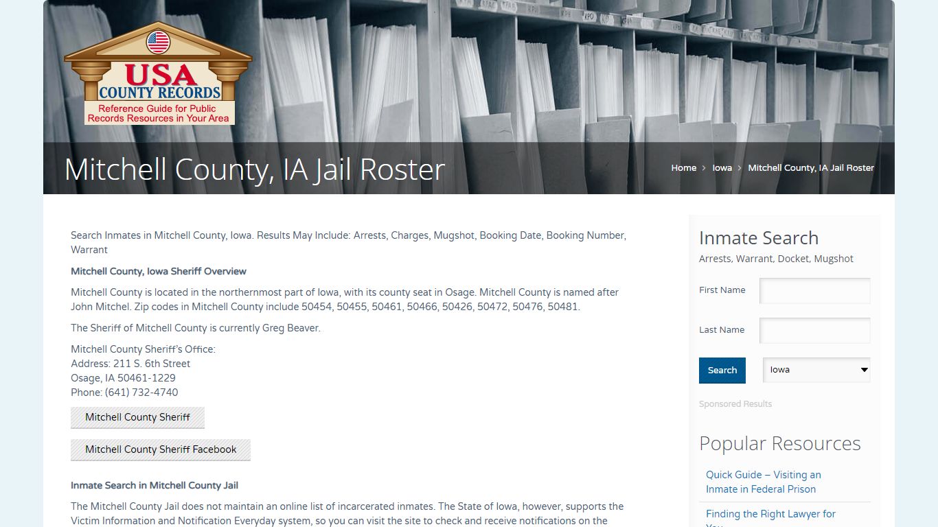 Mitchell County, IA Jail Roster | Name Search